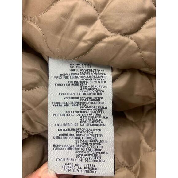 Levi’s Hooded Parka Jacket Women L Tan Faux Fur Trim Quilted Lining Drawcord - Picture 12 of 13